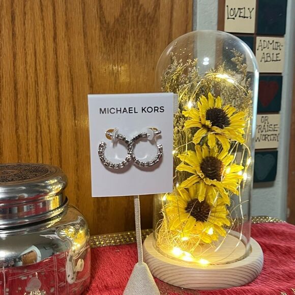 NWT Michael Kors Silver Hoop With Crystal Stations Earrings #TSER - Picture 1 of 8